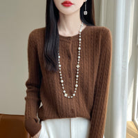 Women's Round Neck Wool Cardigan Twisted Wool Sweater