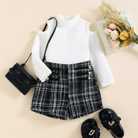 Children's Off-the-shoulder Top Tweed Plaid Classic Style Shorts Girls' Suit
