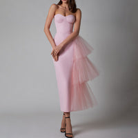 Evening Gown Long High-elastic Pleated Mesh Sheath Dress