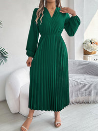 Women's Elegant Triple V Neck Long Sleeve Tie Waist Pleated Maxi Dress