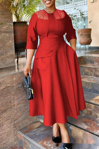 Womens Waist-Cinching Full-Skirted Solid-Color Dress