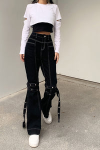 Lace-Up, High-Waisted, Thin, Casual Denim Pants