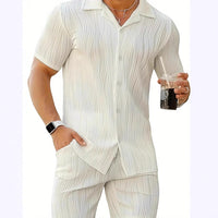 Men's Wave Pattern Casual Breathable Solid Color Short Sleeve Shorts Suit