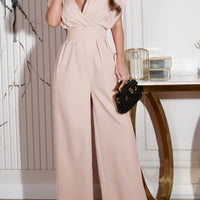 V-neck Solid Color Waist Tight Jumpsuit