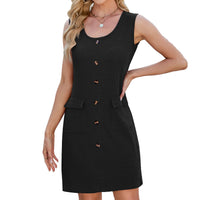 Crew-neck Buttoned-pocket Sleeveless Vest Dress