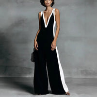 Sleeveless Womens V-Neck Contrasting Color Wide-Leg Jumpsuit