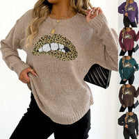 Female Leopard Print Embroidered Sequins Lips Personality Crew Neck Pullover Sweater