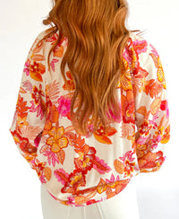 Orange Floral Print Pearl Button Keyhole Long Puff Sleeve Blouse
