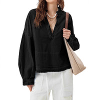 New V-neck Long Sleeve Loose Stitching Denim Long Sleeve Loose All-matching Top