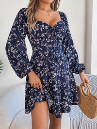 Women's Casual Sexy Tie Waist Square Neck Floral Print Long Sleeve A-Line Dress