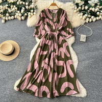 Lantern-sleeve Tie-Dye Printed Dress Womens SpringSummer High-End Defined-Waist Flared Maxi Dress