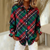 Womens Plaid Loose-Fit Retro Long-Sleeve Shirt Top