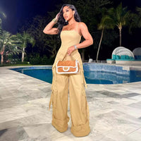 Women's Tube Top Multi-pocket Workwear Wide Leg Jumpsuit