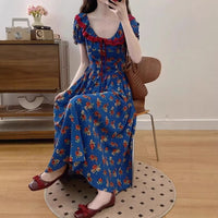 Womens Blue Square-Neck Floral Puff-Sleeve Dress