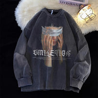 Combed Pure Cotton Heel Wrapped Collar Long Sleeve Washed Retro Heavy Printed Loose