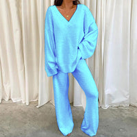 2026 European And American Independent Site European Winter Comfort Solid V-Neck Casual Daily Home Warm Two-Piece Set