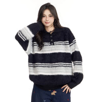 American-style Vintage Stripe Lapel Half Zipper Sweater