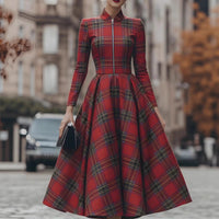 Stand-collar Long-sleeve Plaid Digital-print Zip-up Dress