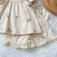 Baby's Embroidered Children's Flounced Sleeve Vest Shorts Two-piece Set