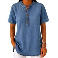 V-neck Casual Womens Faux Denim Short-sleeve Top