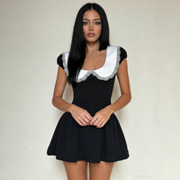 French Chic Black And White Colorblock Lace-trimmed Neckline Defined-waist Dress