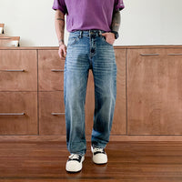 High-quality New Washed Blue Men's Jeans, Slightly Stretchy, Regular Fit Straight Leg