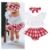 Lace Hollow Embroidered One-shoulder Top Plaid Shorts Set Headwear