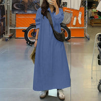 Solid-color Lapel Long-sleeve Button-front Loose-fitting Maxi Denim Dress