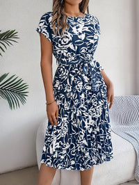 Women's Elegant Floral Print Short Sleeve Flowy Pleated Dress