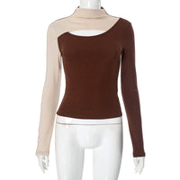 Womens Color-Block Mock Neck Hollow-Out Chic Defined-Waist Base Top