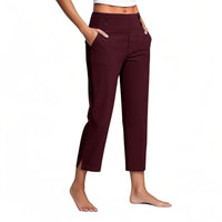 Womens Solid-Colored High-Waist Pockets Casual Pants