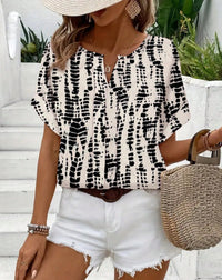 Women's V-Neck Loose Fit Printed Short Sleeve Shirt - Casual European American Style Top