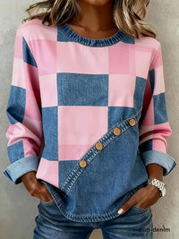 Womens Light Blue Plaid-Panelled Sweatshirt