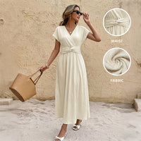 Solid-color V-neck High-waist Dress For Women