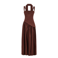 Flowing Ribbon-Trimmed High-Slit Waist-Cinching Lace-Up Maxi Dress