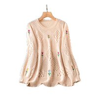 Casual Flower Embroidered Long Sleeve Round Neck Hollow Out Sweater
