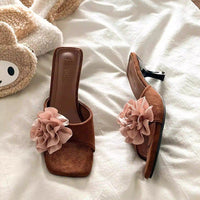 Vintage Floral One-Strap Sandal Slippers For Women, New 2026 Summer Style, French Square Toe, Fashionable Elegant Versatile High Heel Slides