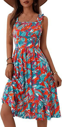 Womens Elegant Square-Neck Floral A-Line Sleeveless Dress