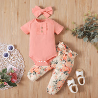 Infant Sunken Stripe Short Sleeve Tight Romper And Printed Trousers Suit