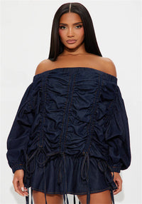 Solid Color Loose Off Shoulder Drawstring Long Sleeve Denim Skirt