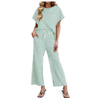 Womens Striped Short-Sleeve T-Shirt And Wide-Leg Pants Set With Pockets