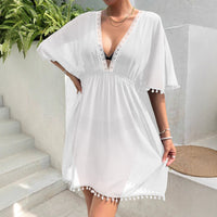 Beach-Style Cover-Up Blouse Lace-Patchwork Waist-Cinched V-Neck Dress