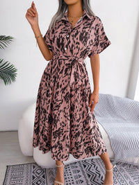 Women's Casual Loose Leopard Print Tie Waist Shirt Dress