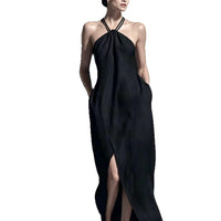 Womens Cinched Waist Side-Slit Halter Dress