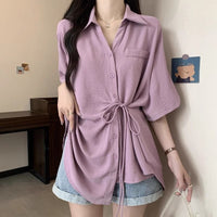 Slim-fit Trendy Mid-length Irregular Tie-waist Short-sleeve Shirt