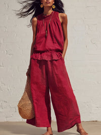Retro Ruffled Cotton-Linen Two-Piece Set