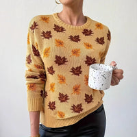 Maple Leaf Round Neck Loose Woolen Pullover Top