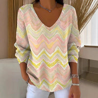 Drop Shoulder V-neck Long Sleeve Pullover 3D Digital Printing Women's Top T-shirt