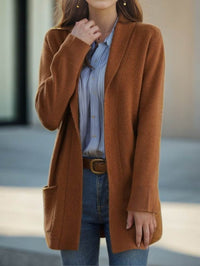 New Polo Collar Solid Color Long-sleeved Knitted Cardigan Loose Pockets Sweater Coat For Women