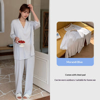 Spring Summer V-Neck Pajama Set With Chest Pads Lace Luxurious Feel Comfortable And Skin-Friendly Loungewear